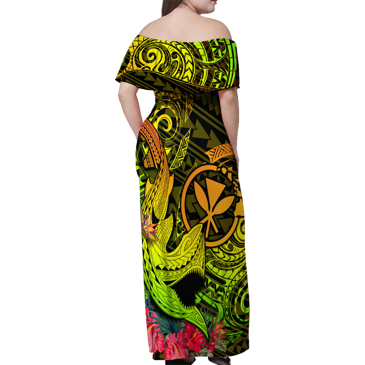 Hawaii Family Matching Off Shoulder Maxi Dress and Hawaiian Shirt Kanaka Map With Polynesian Shark Tattoo Reggae Unique - Wonder Print Shop