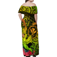 Hawaii Family Matching Off Shoulder Maxi Dress and Hawaiian Shirt Kanaka Map With Polynesian Shark Tattoo Reggae Unique - Wonder Print Shop