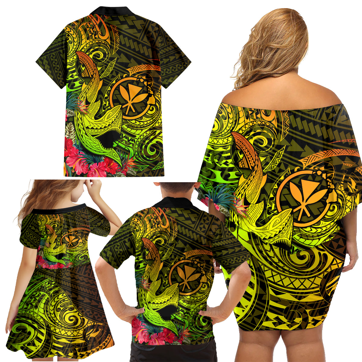 Hawaii Family Matching Off Shoulder Short Dress and Hawaiian Shirt Kanaka Map With Polynesian Shark Tattoo Reggae Unique - Wonder Print Shop