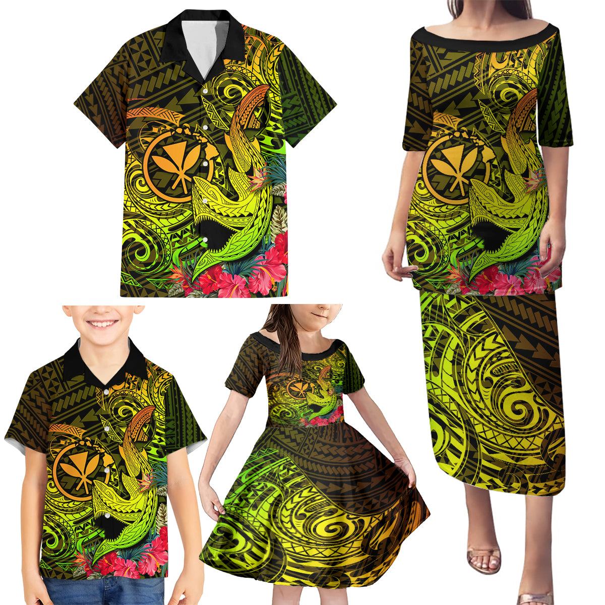 Hawaii Family Matching Puletasi Dress and Hawaiian Shirt Kanaka Map With Polynesian Shark Tattoo Reggae Unique - Wonder Print Shop