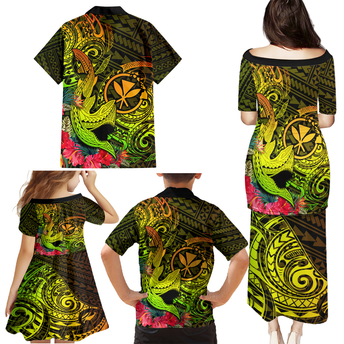 Hawaii Family Matching Puletasi Dress and Hawaiian Shirt Kanaka Map With Polynesian Shark Tattoo Reggae Unique - Wonder Print Shop