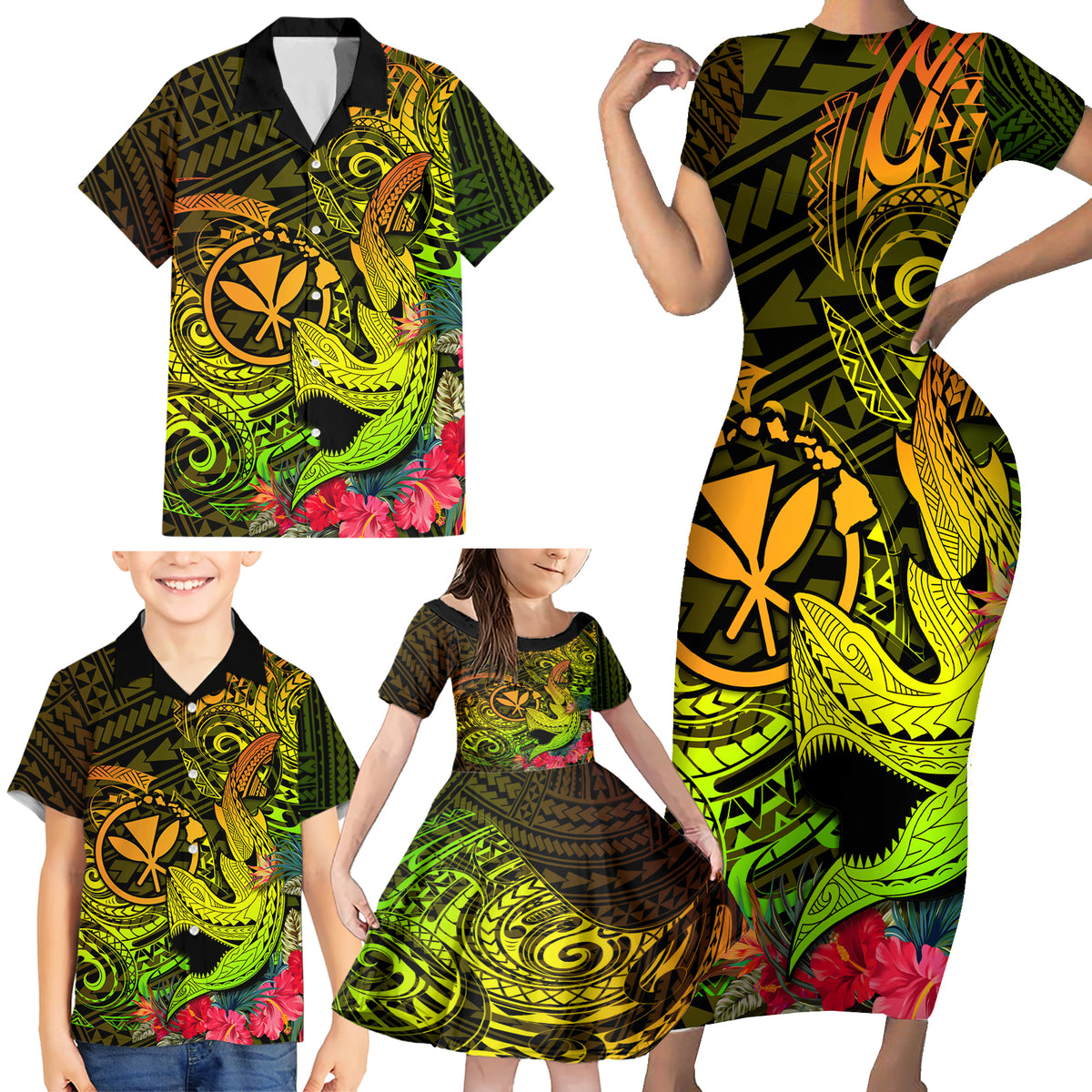 Hawaii Family Matching Short Sleeve Bodycon Dress and Hawaiian Shirt Kanaka Map With Polynesian Shark Tattoo Reggae Unique - Wonder Print Shop