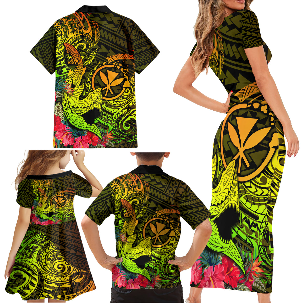 Hawaii Family Matching Short Sleeve Bodycon Dress and Hawaiian Shirt Kanaka Map With Polynesian Shark Tattoo Reggae Unique - Wonder Print Shop