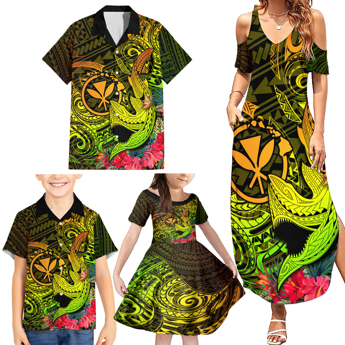 Hawaii Family Matching Summer Maxi Dress and Hawaiian Shirt Kanaka Map With Polynesian Shark Tattoo Reggae Unique - Wonder Print Shop