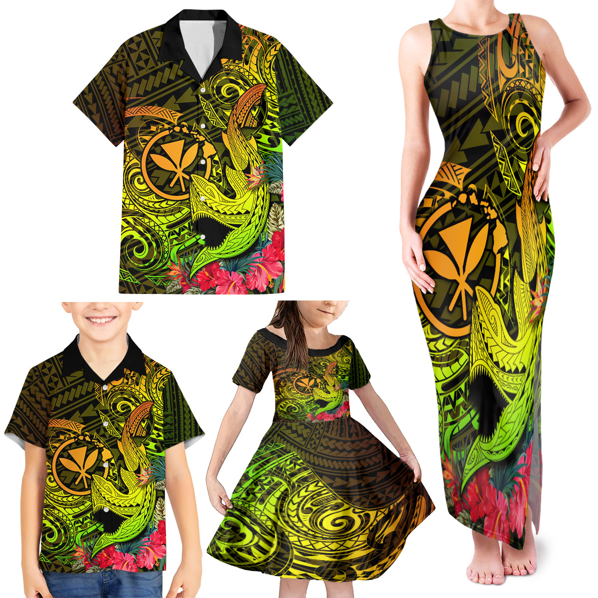 Hawaii Family Matching Tank Maxi Dress and Hawaiian Shirt Kanaka Map With Polynesian Shark Tattoo Reggae Unique - Wonder Print Shop