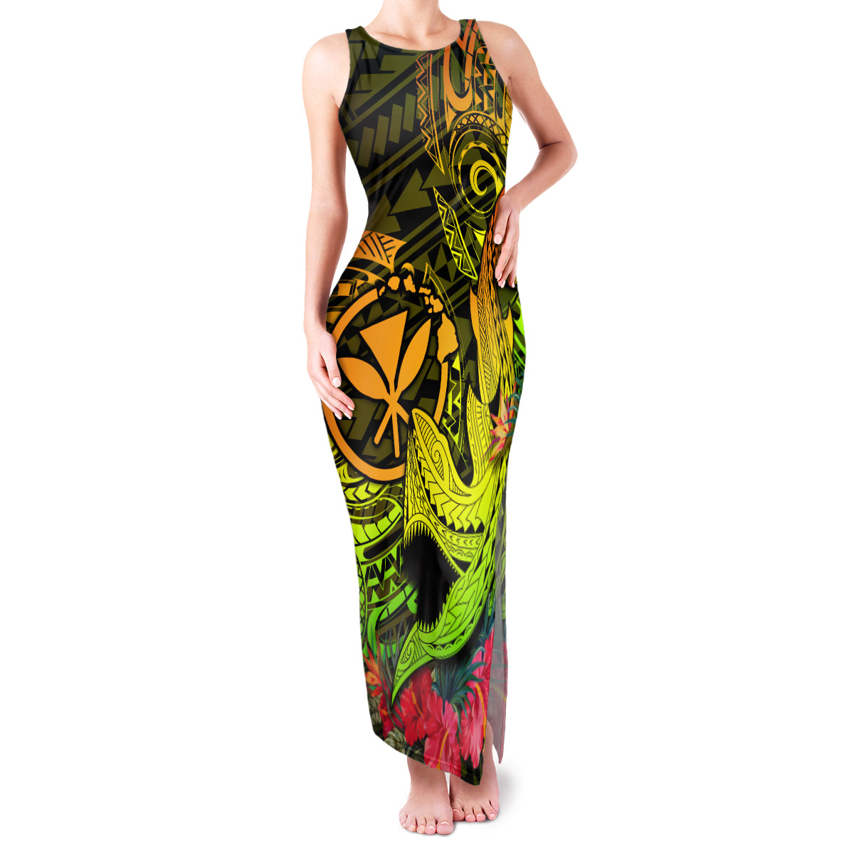 Hawaii Family Matching Tank Maxi Dress and Hawaiian Shirt Kanaka Map With Polynesian Shark Tattoo Reggae Unique - Wonder Print Shop