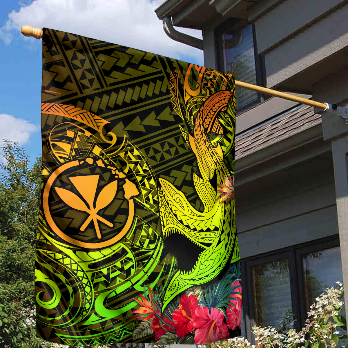 Hawaii Garden Flag Kanaka Map With Polynesian Shark Tattoo Reggae Unique - Wonder Print Shop