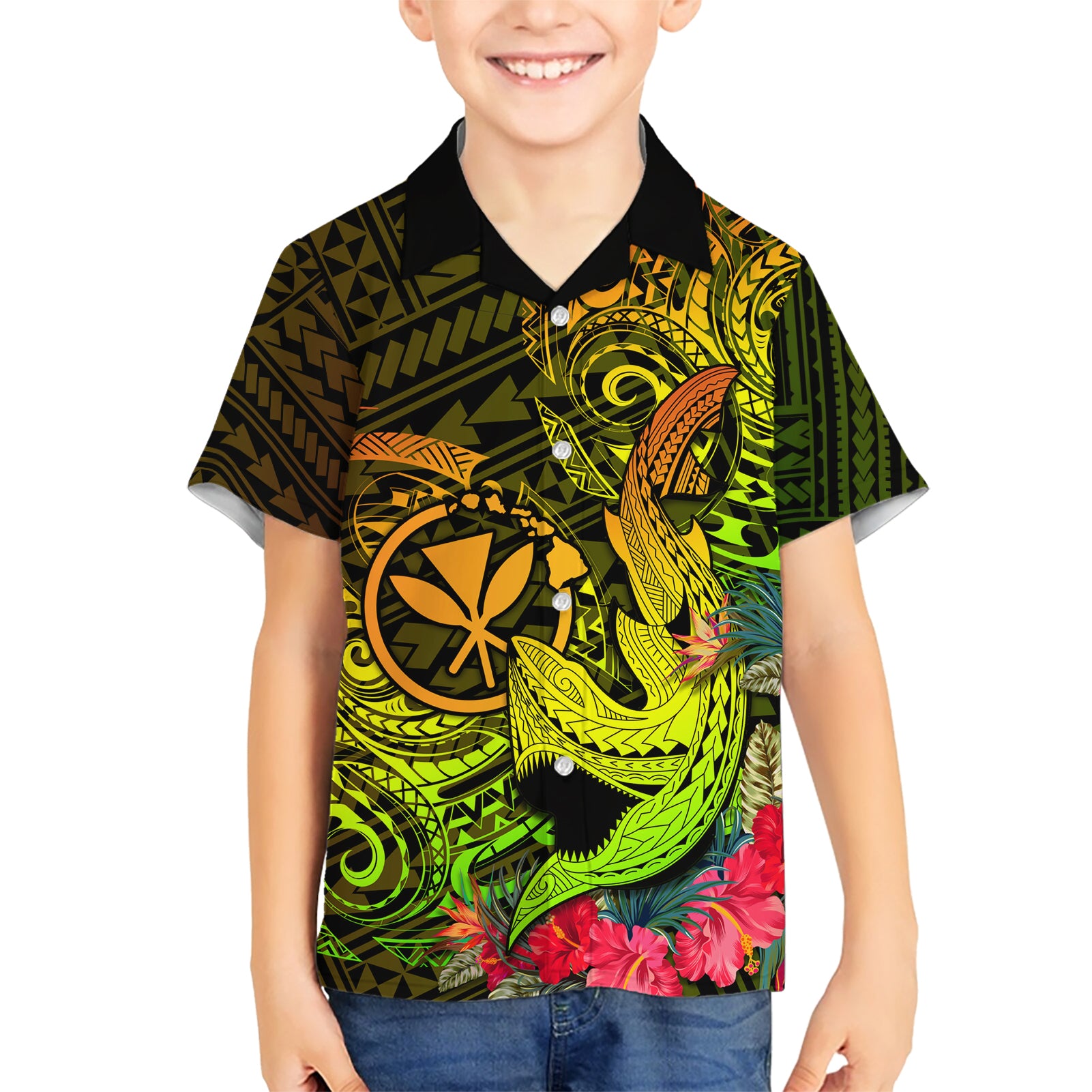 Hawaii Kid Hawaiian Shirt Kanaka Map With Polynesian Shark Tattoo Reggae Unique - Wonder Print Shop