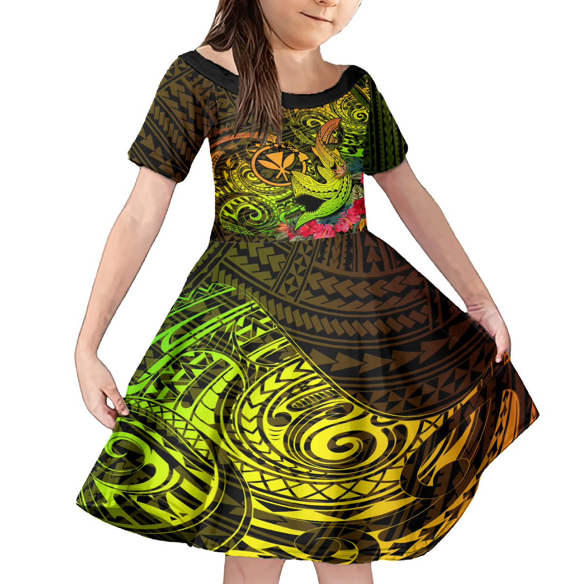 Hawaii Kid Short Sleeve Dress Kanaka Map With Polynesian Shark Tattoo Reggae Unique - Wonder Print Shop