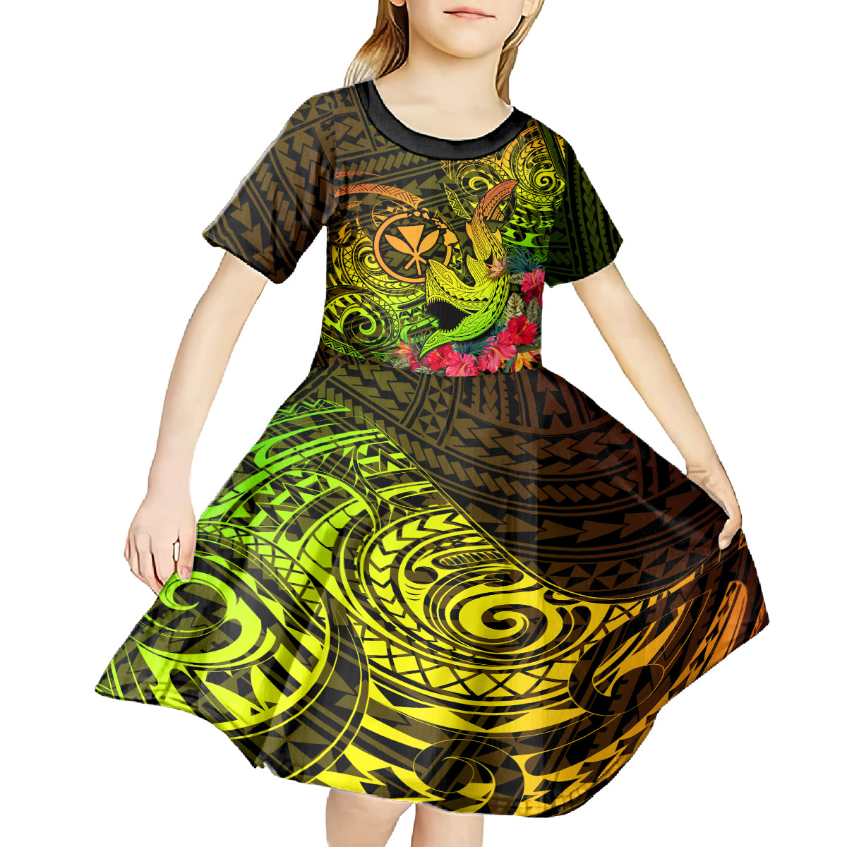 Hawaii Kid Short Sleeve Dress Kanaka Map With Polynesian Shark Tattoo Reggae Unique - Wonder Print Shop