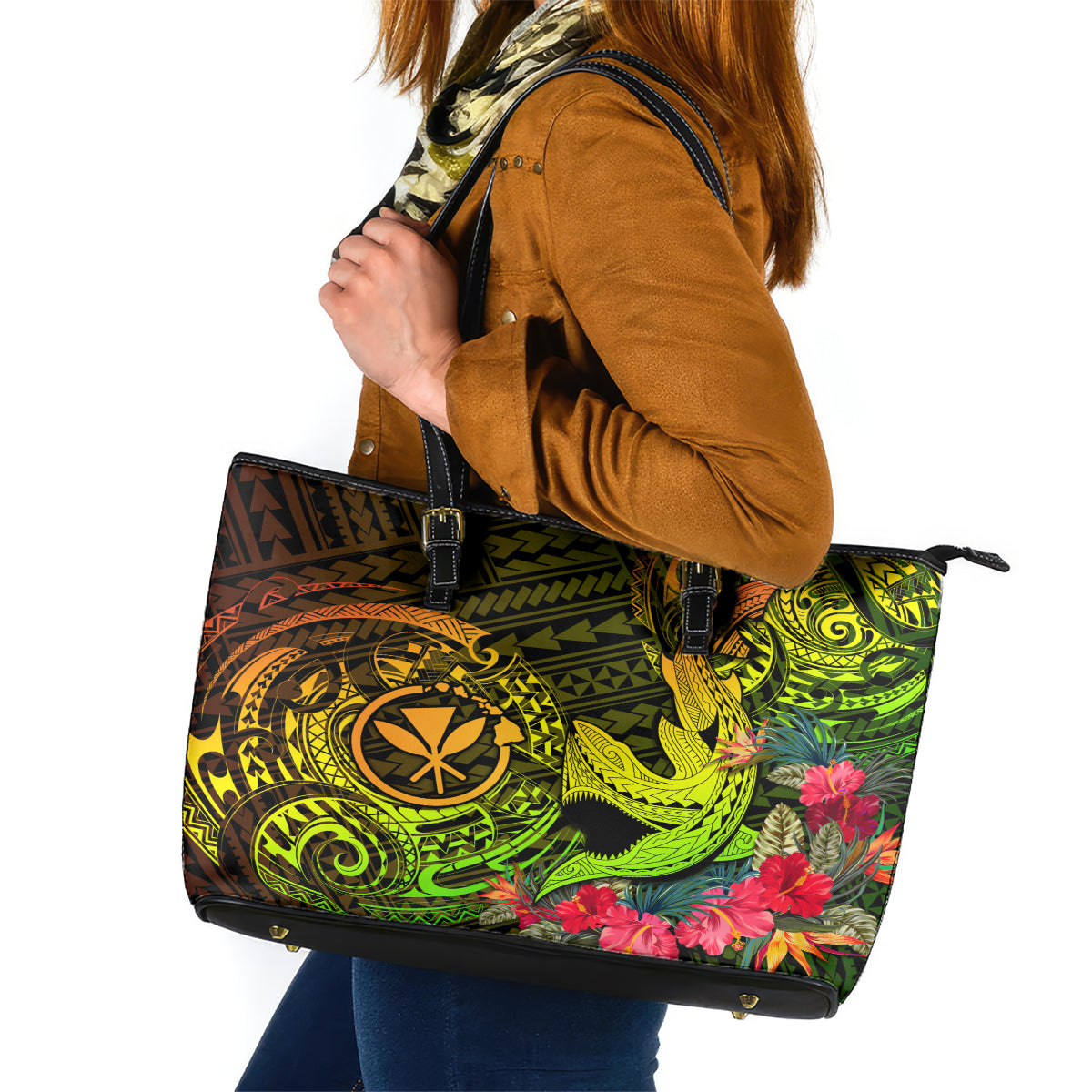 Hawaii Leather Tote Bag Kanaka Map With Polynesian Shark Tattoo Reggae Unique - Wonder Print Shop