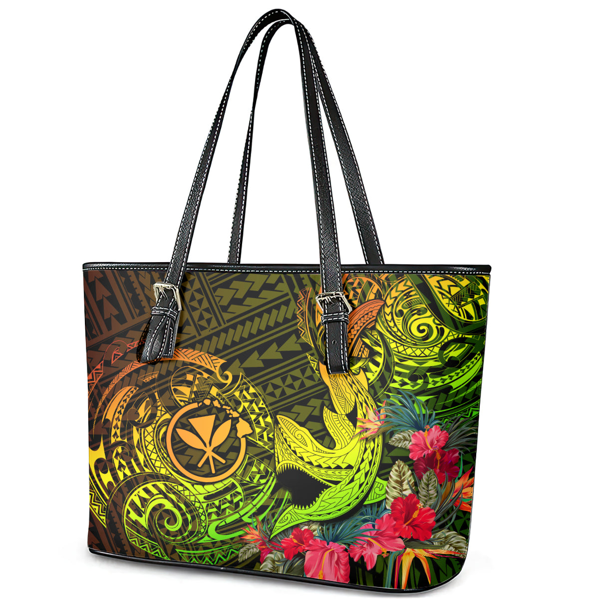 Hawaii Leather Tote Bag Kanaka Map With Polynesian Shark Tattoo Reggae Unique - Wonder Print Shop