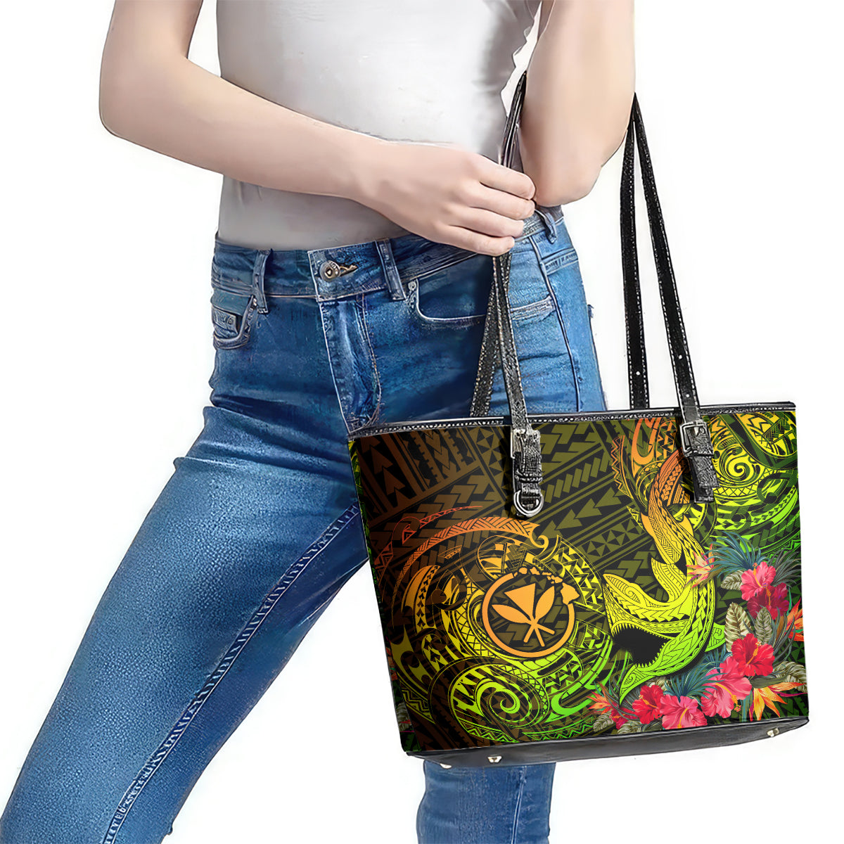 Hawaii Leather Tote Bag Kanaka Map With Polynesian Shark Tattoo Reggae Unique - Wonder Print Shop