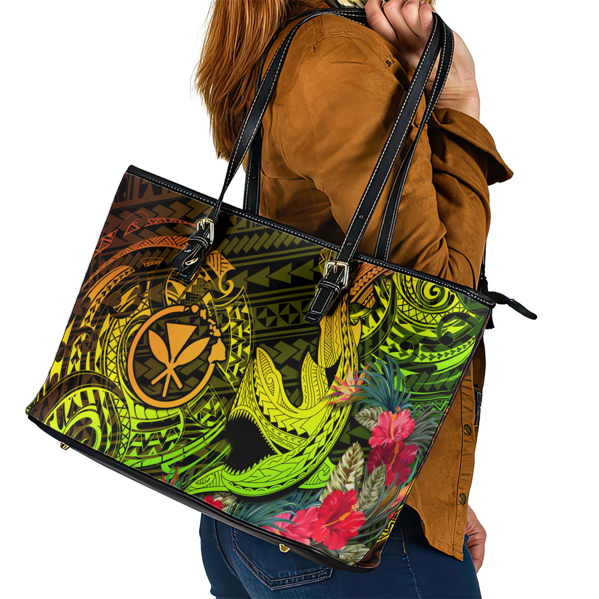 Hawaii Leather Tote Bag Kanaka Map With Polynesian Shark Tattoo Reggae Unique - Wonder Print Shop