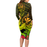 Hawaii Long Sleeve Bodycon Dress Kanaka Map With Polynesian Shark Tattoo Reggae Unique - Wonder Print Shop