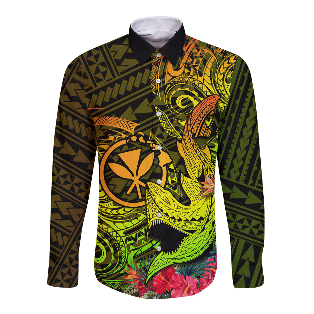 Hawaii Long Sleeve Button Shirt Kanaka Map With Polynesian Shark Tattoo Reggae Unique - Wonder Print Shop