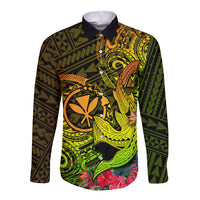 Hawaii Long Sleeve Button Shirt Kanaka Map With Polynesian Shark Tattoo Reggae Unique - Wonder Print Shop