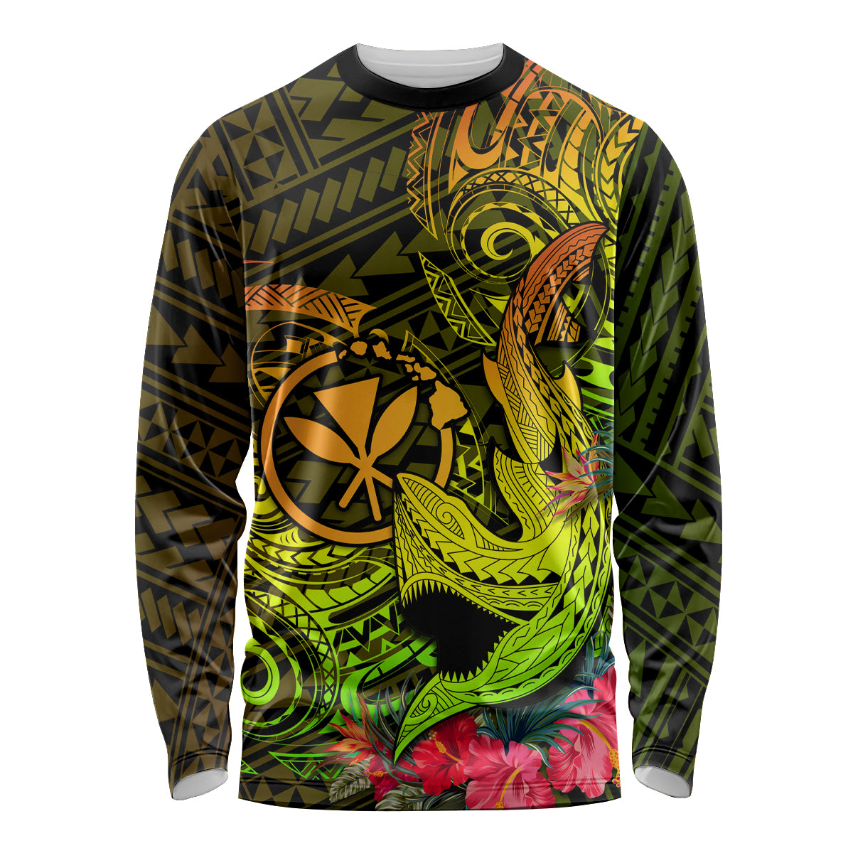 Hawaii Long Sleeve Shirt Kanaka Map With Polynesian Shark Tattoo Reggae Unique - Wonder Print Shop