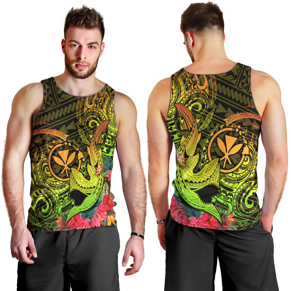 Hawaii Men Tank Top Kanaka Map With Polynesian Shark Tattoo Reggae Unique - Wonder Print Shop