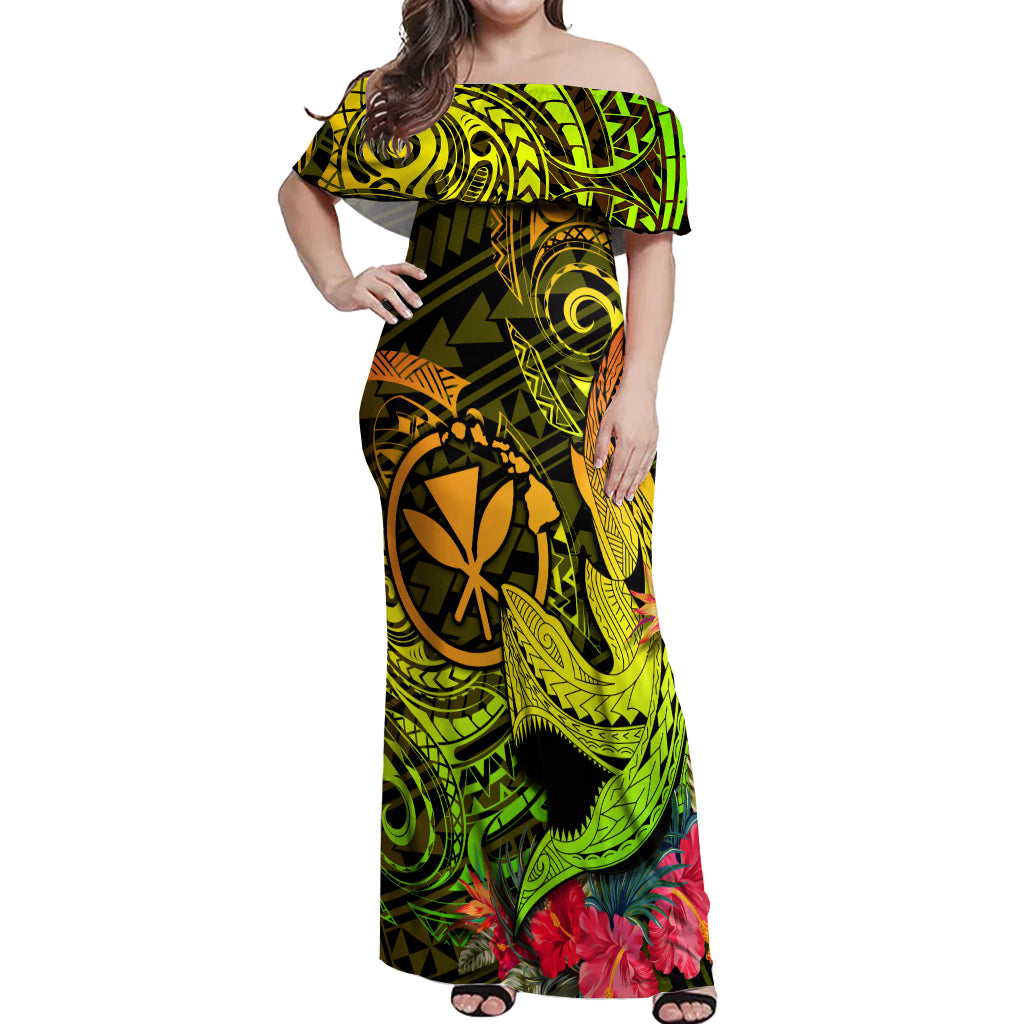 Hawaii Off Shoulder Maxi Dress Kanaka Map With Polynesian Shark Tattoo Reggae Unique - Wonder Print Shop