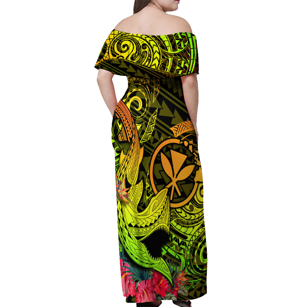 Hawaii Off Shoulder Maxi Dress Kanaka Map With Polynesian Shark Tattoo Reggae Unique - Wonder Print Shop