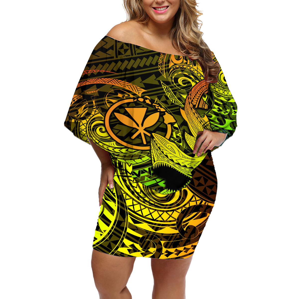 Hawaii Off Shoulder Short Dress Kanaka Map With Polynesian Shark Tattoo Reggae Unique - Wonder Print Shop