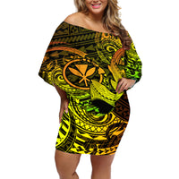 Hawaii Off Shoulder Short Dress Kanaka Map With Polynesian Shark Tattoo Reggae Unique - Wonder Print Shop