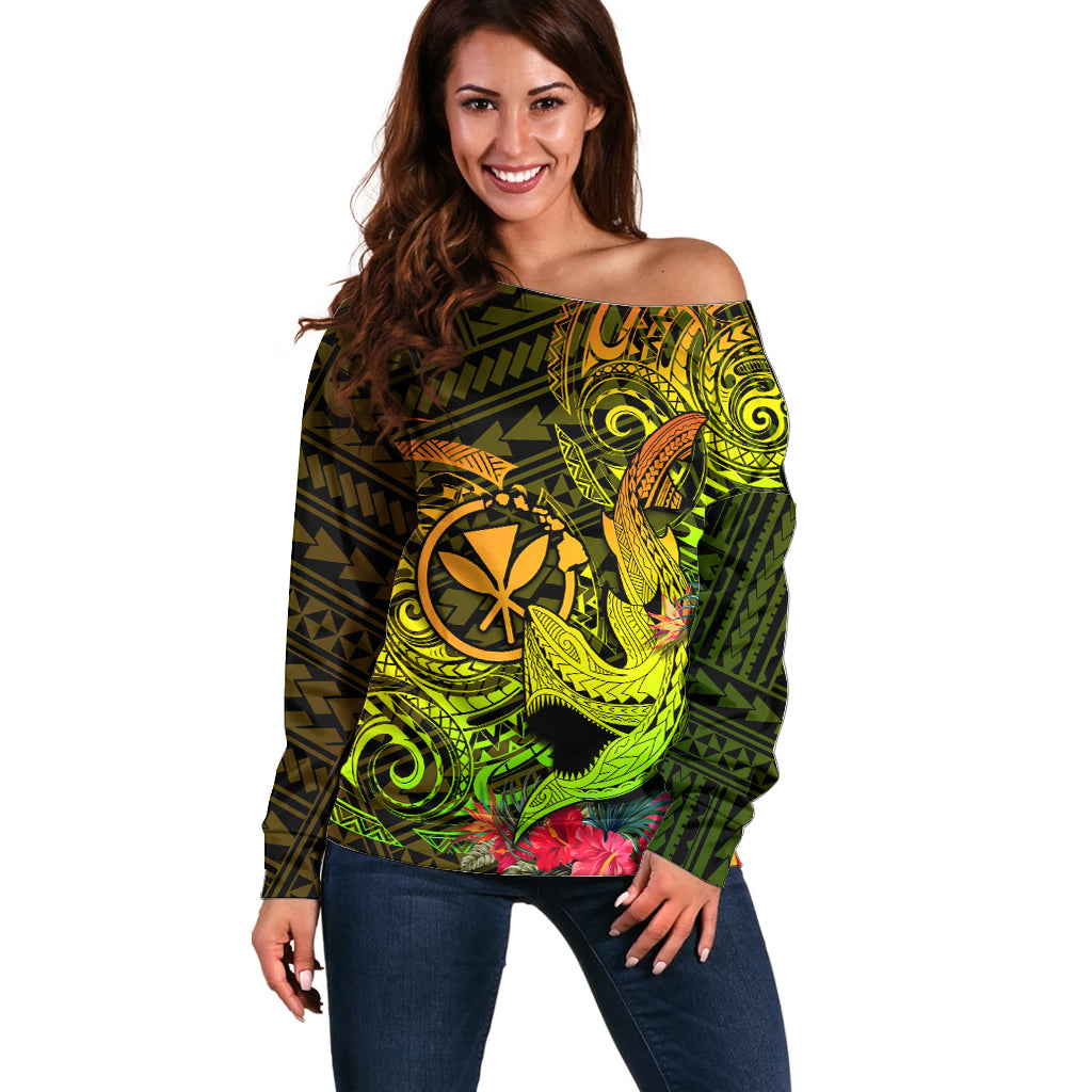 Hawaii Off Shoulder Sweater Kanaka Map With Polynesian Shark Tattoo Reggae Unique - Wonder Print Shop