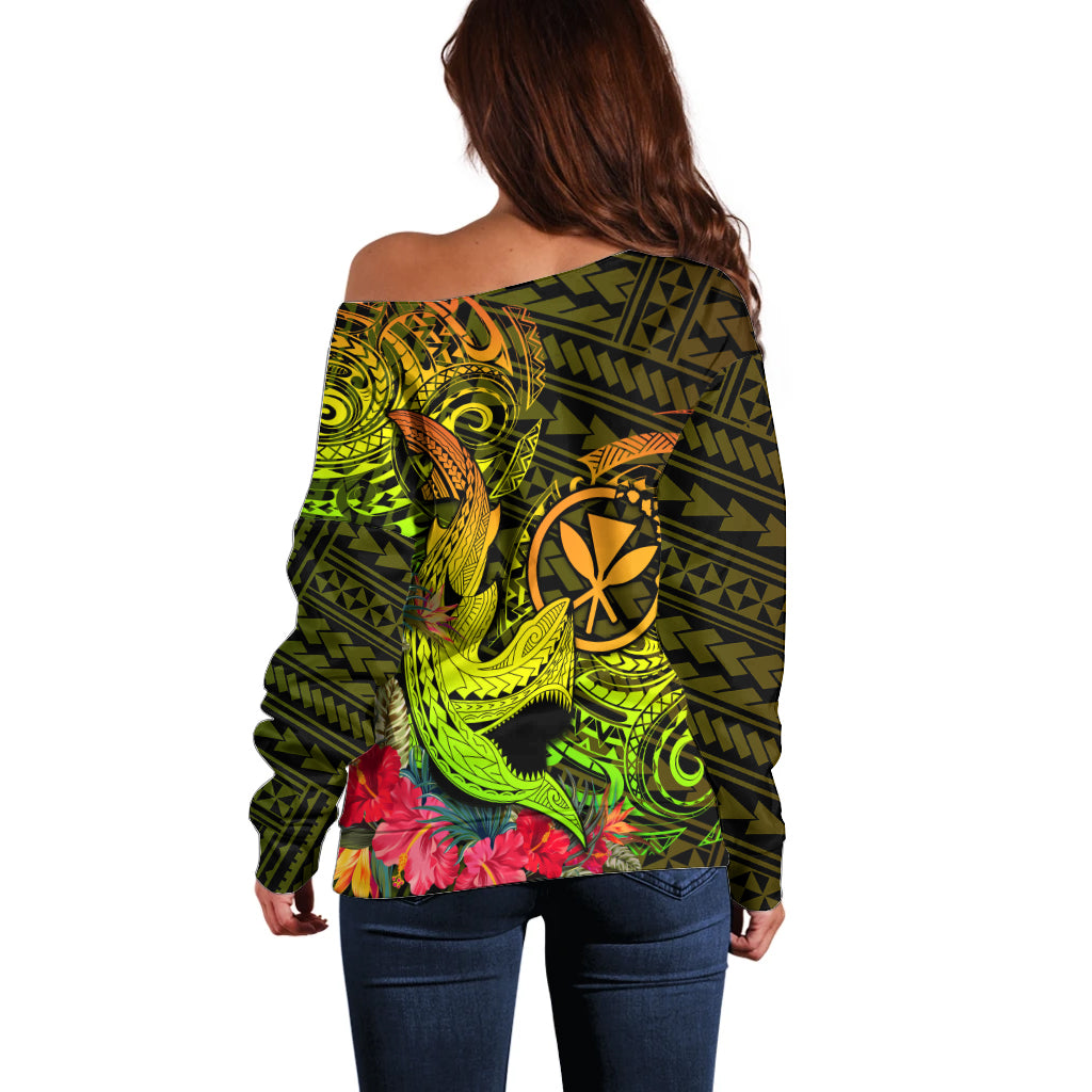 Hawaii Off Shoulder Sweater Kanaka Map With Polynesian Shark Tattoo Reggae Unique - Wonder Print Shop