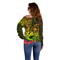Hawaii Off Shoulder Sweater Kanaka Map With Polynesian Shark Tattoo Reggae Unique - Wonder Print Shop