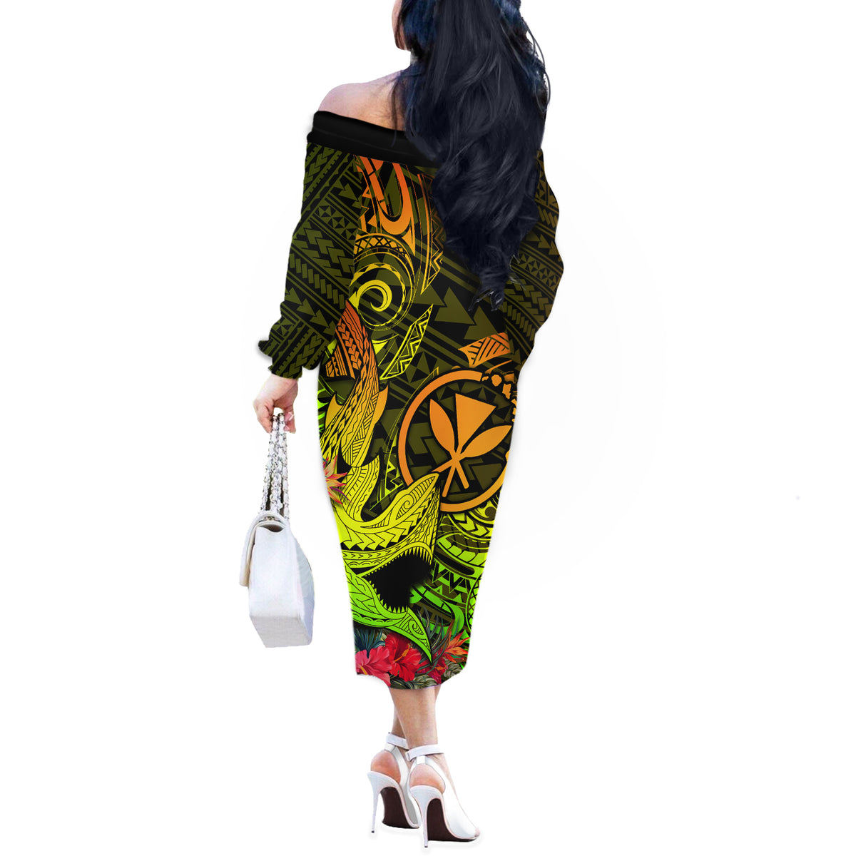 Hawaii Off The Shoulder Long Sleeve Dress Kanaka Map With Polynesian Shark Tattoo Reggae Unique - Wonder Print Shop