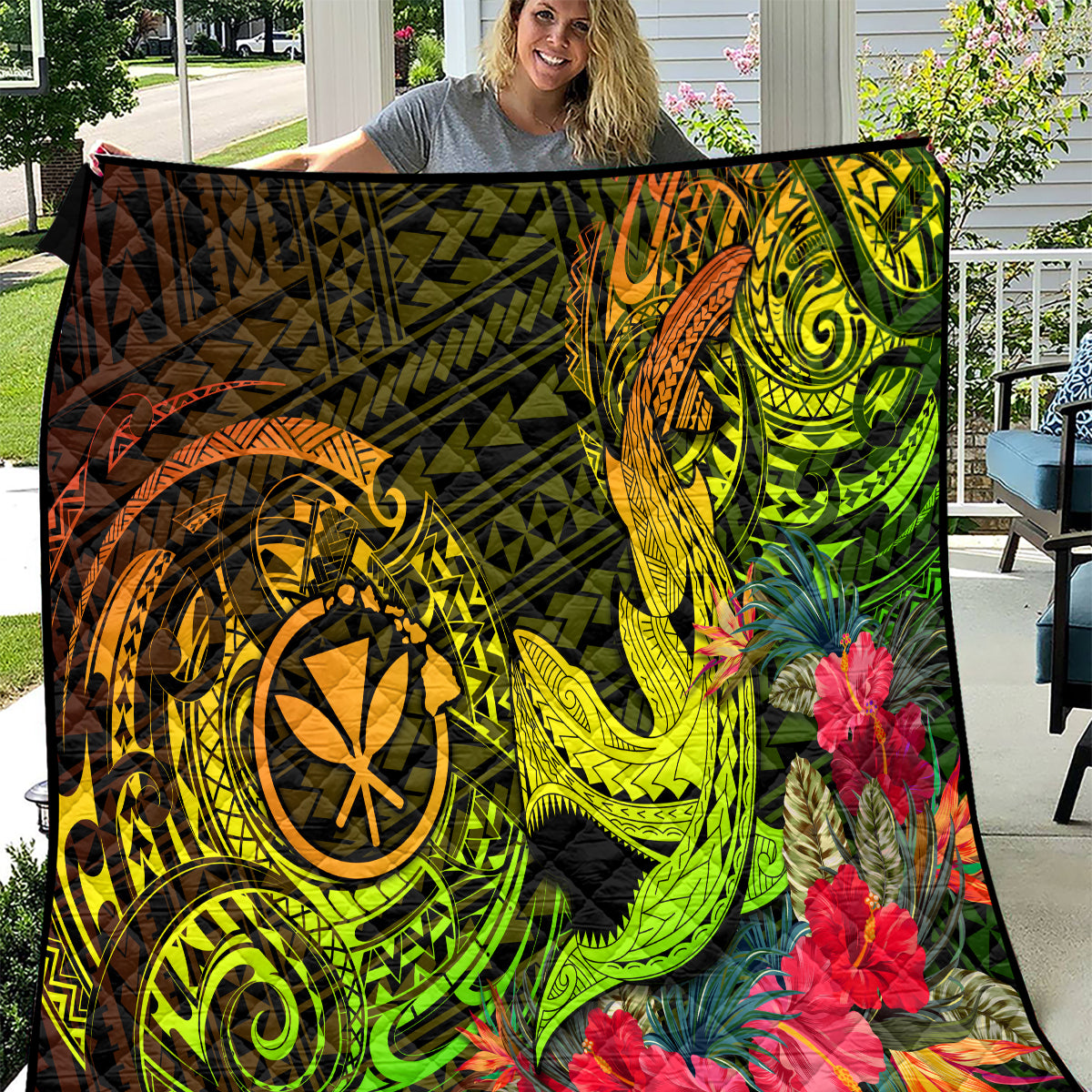 Hawaii Quilt Kanaka Map With Polynesian Shark Tattoo Reggae Unique - Wonder Print Shop