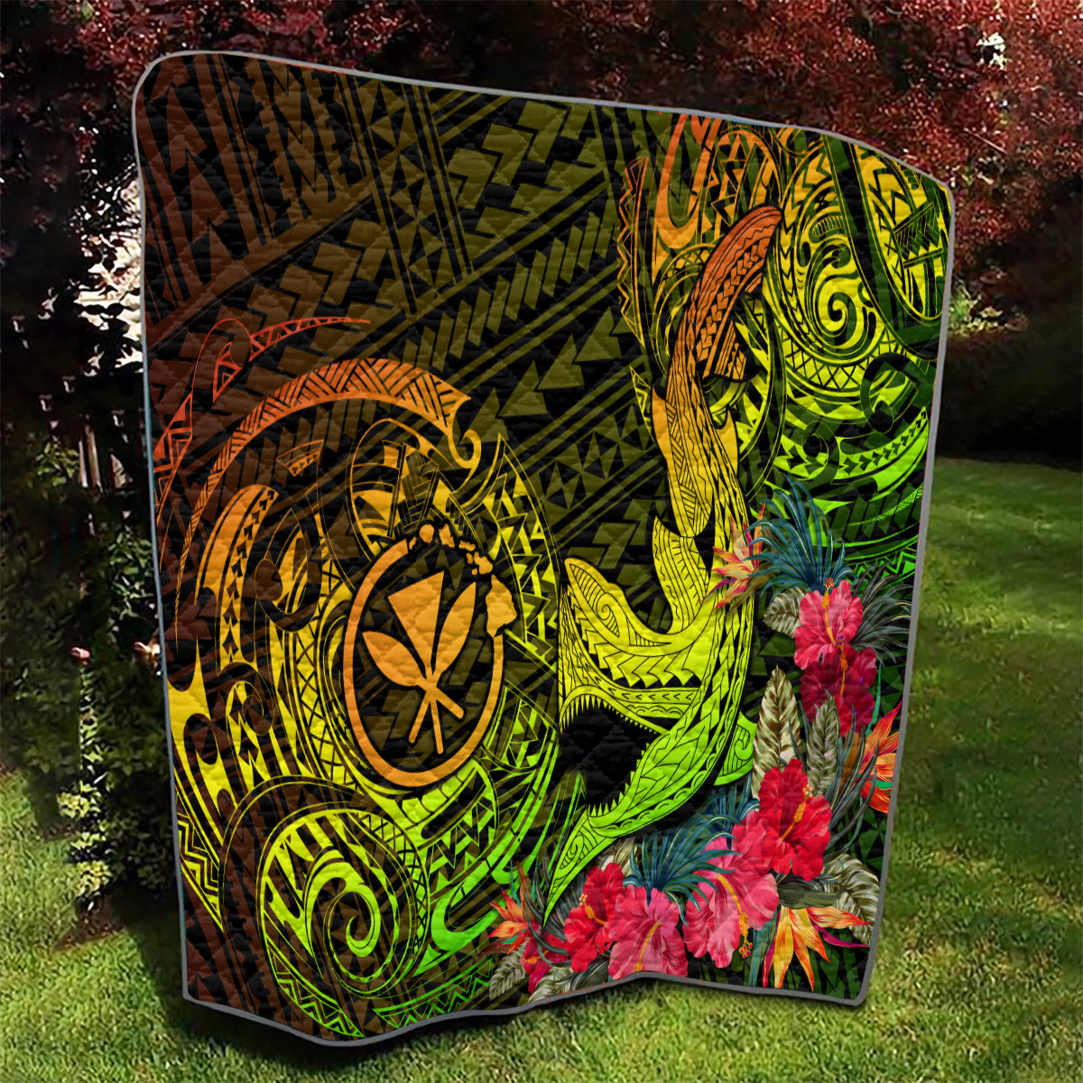 Hawaii Quilt Kanaka Map With Polynesian Shark Tattoo Reggae Unique - Wonder Print Shop