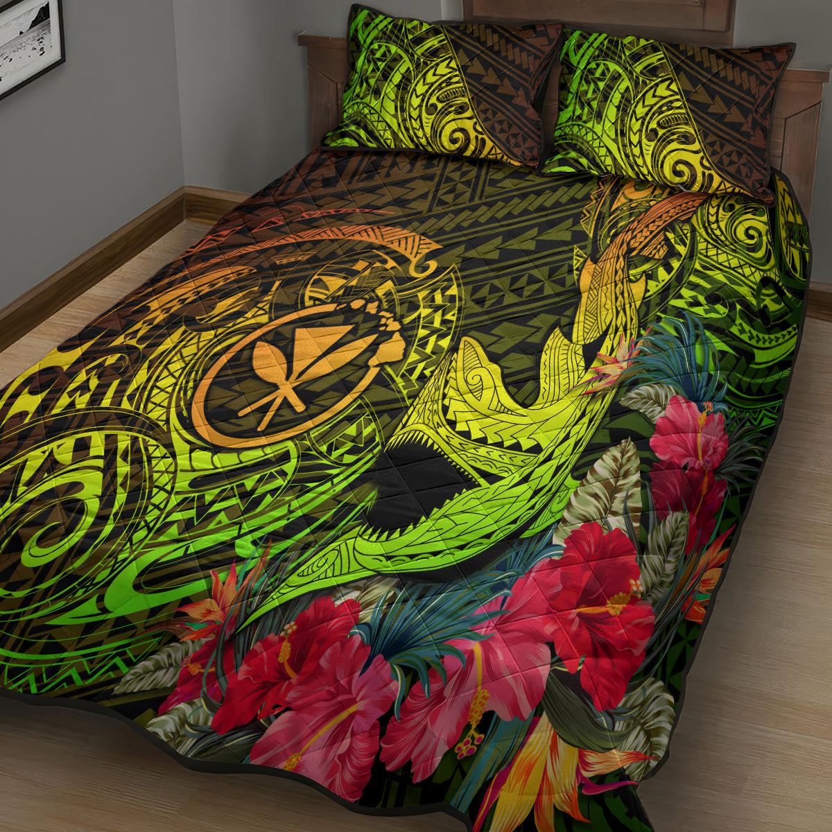 Hawaii Quilt Bed Set Kanaka Map With Polynesian Shark Tattoo Reggae Unique - Wonder Print Shop