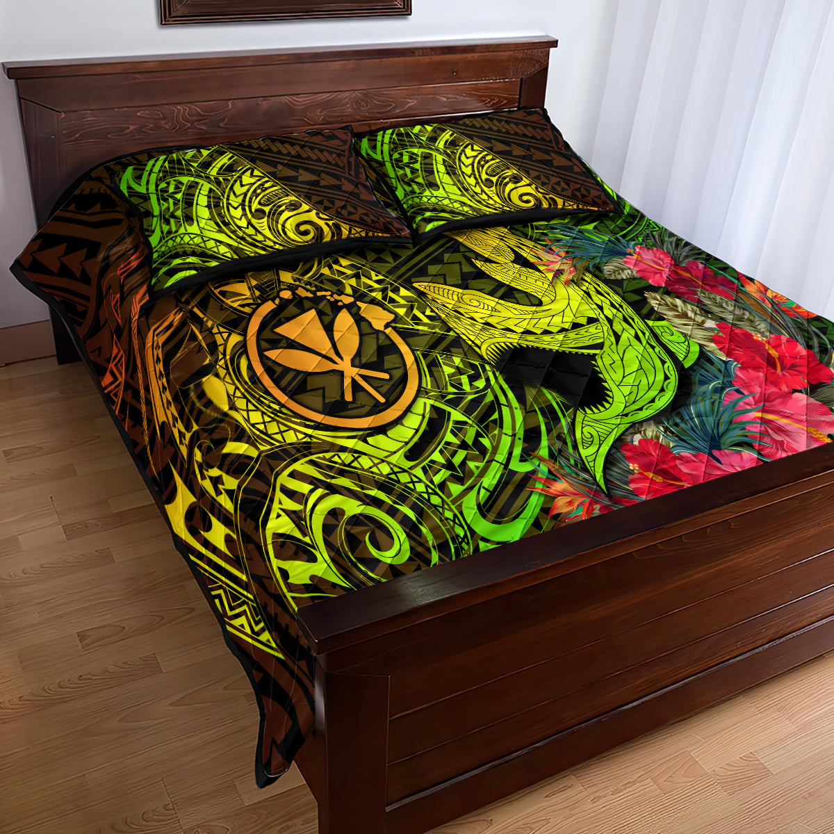 Hawaii Quilt Bed Set Kanaka Map With Polynesian Shark Tattoo Reggae Unique - Wonder Print Shop