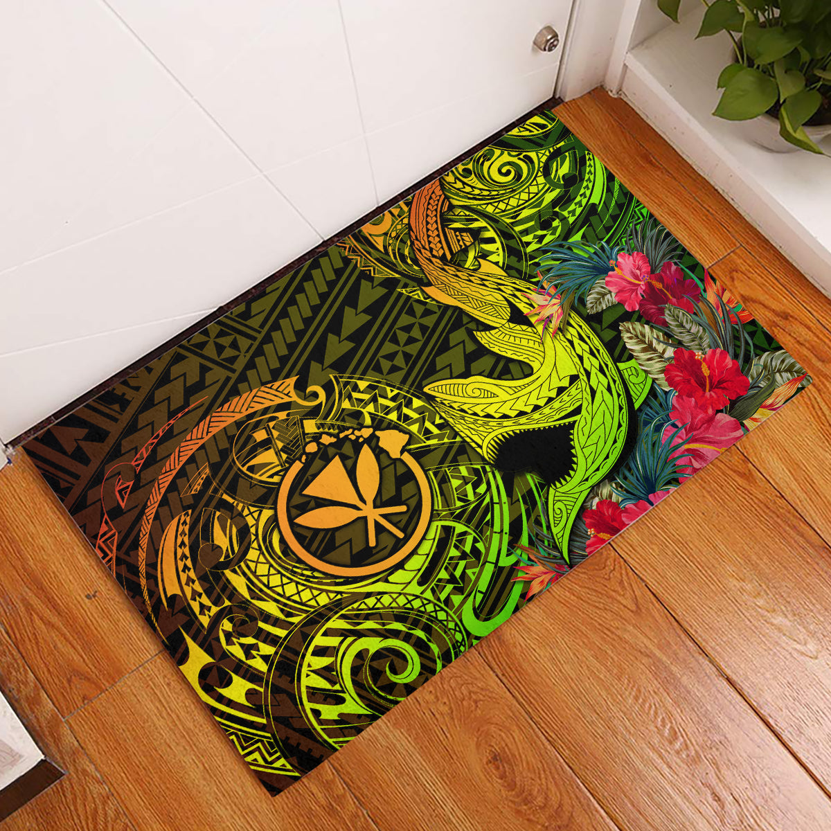 Hawaii Rubber Doormat Kanaka Map With Polynesian Shark Tattoo Reggae Unique - Wonder Print Shop