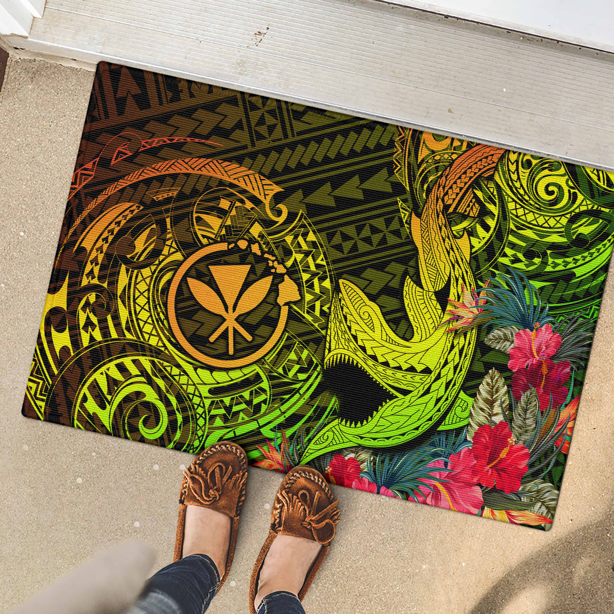 Hawaii Rubber Doormat Kanaka Map With Polynesian Shark Tattoo Reggae Unique - Wonder Print Shop