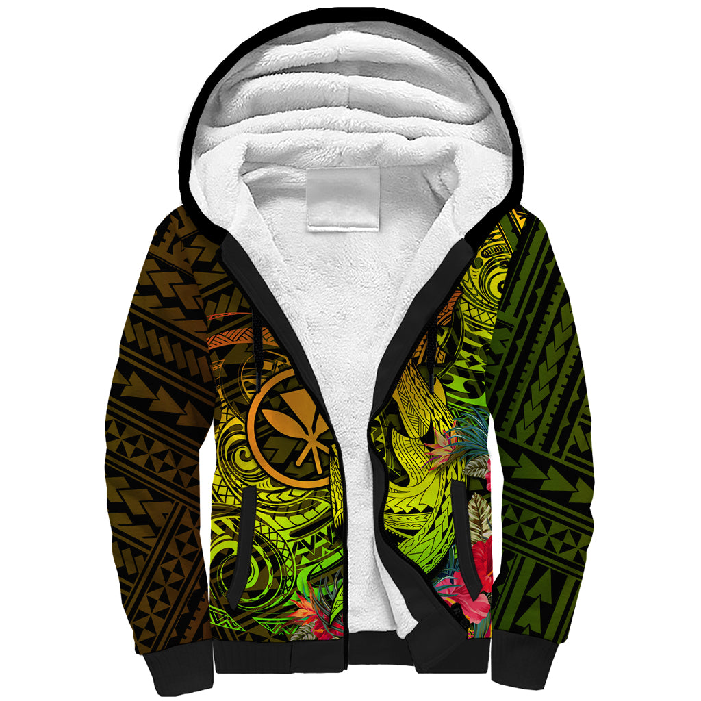 Hawaii Sherpa Hoodie Kanaka Map With Polynesian Shark Tattoo Reggae Unique - Wonder Print Shop