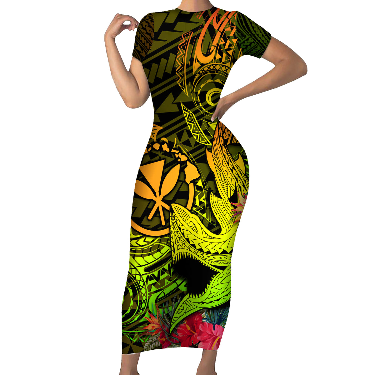 Hawaii Short Sleeve Bodycon Dress Kanaka Map With Polynesian Shark Tattoo Reggae Unique - Wonder Print Shop