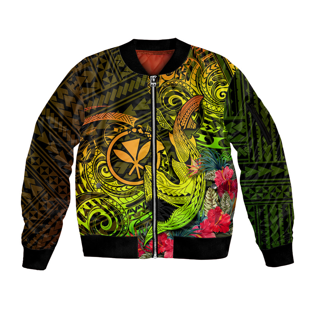 Hawaii Sleeve Zip Bomber Jacket Kanaka Map With Polynesian Shark Tattoo Reggae Unique - Wonder Print Shop