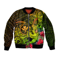 Hawaii Sleeve Zip Bomber Jacket Kanaka Map With Polynesian Shark Tattoo Reggae Unique - Wonder Print Shop