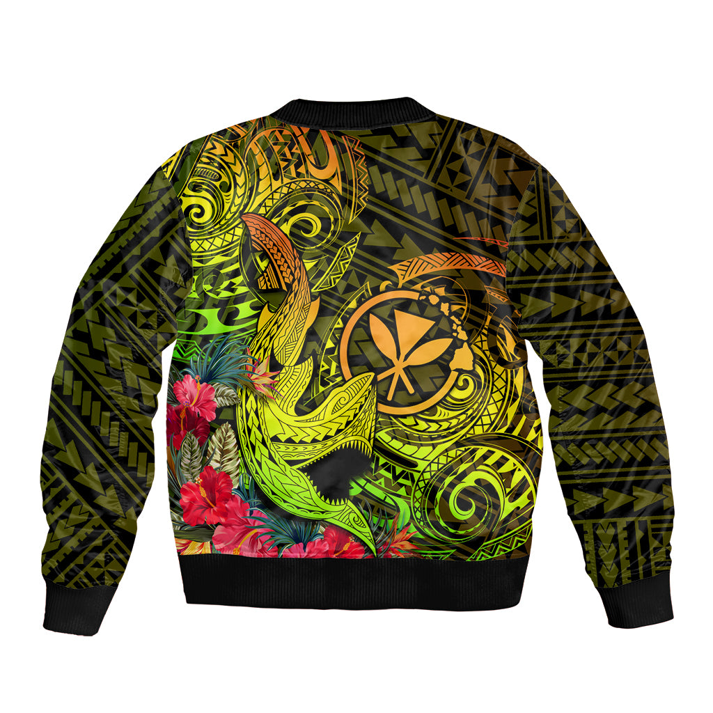 Hawaii Sleeve Zip Bomber Jacket Kanaka Map With Polynesian Shark Tattoo Reggae Unique - Wonder Print Shop