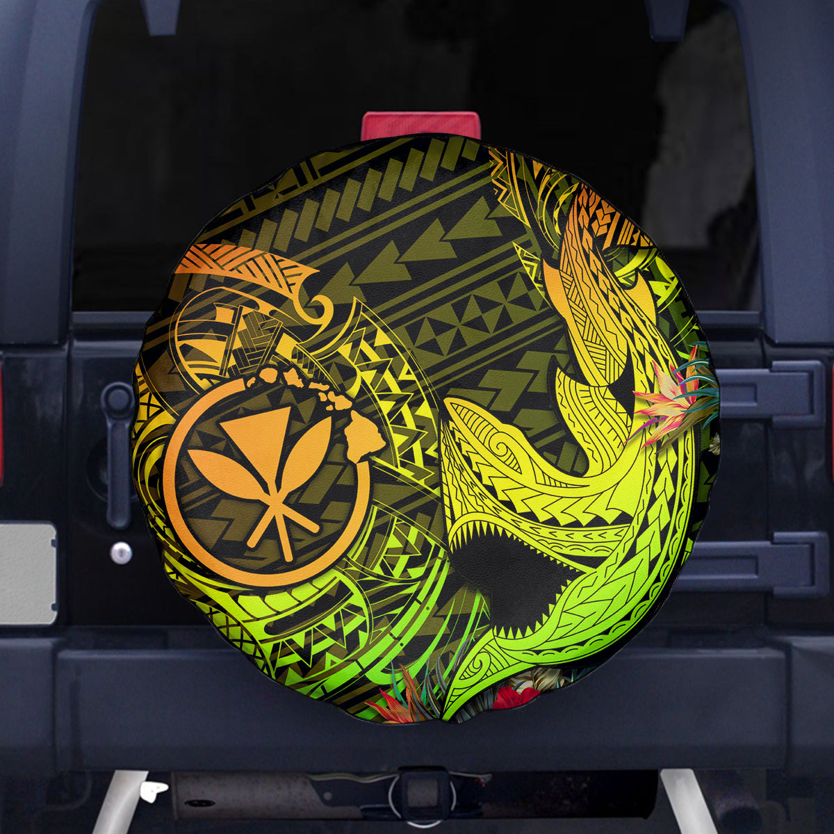 Hawaii Spare Tire Cover Kanaka Map With Polynesian Shark Tattoo Reggae Unique - Wonder Print Shop