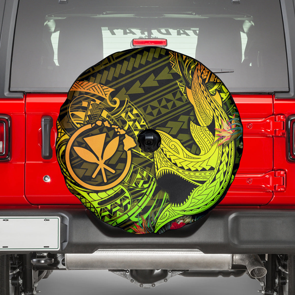 Hawaii Spare Tire Cover Kanaka Map With Polynesian Shark Tattoo Reggae Unique - Wonder Print Shop
