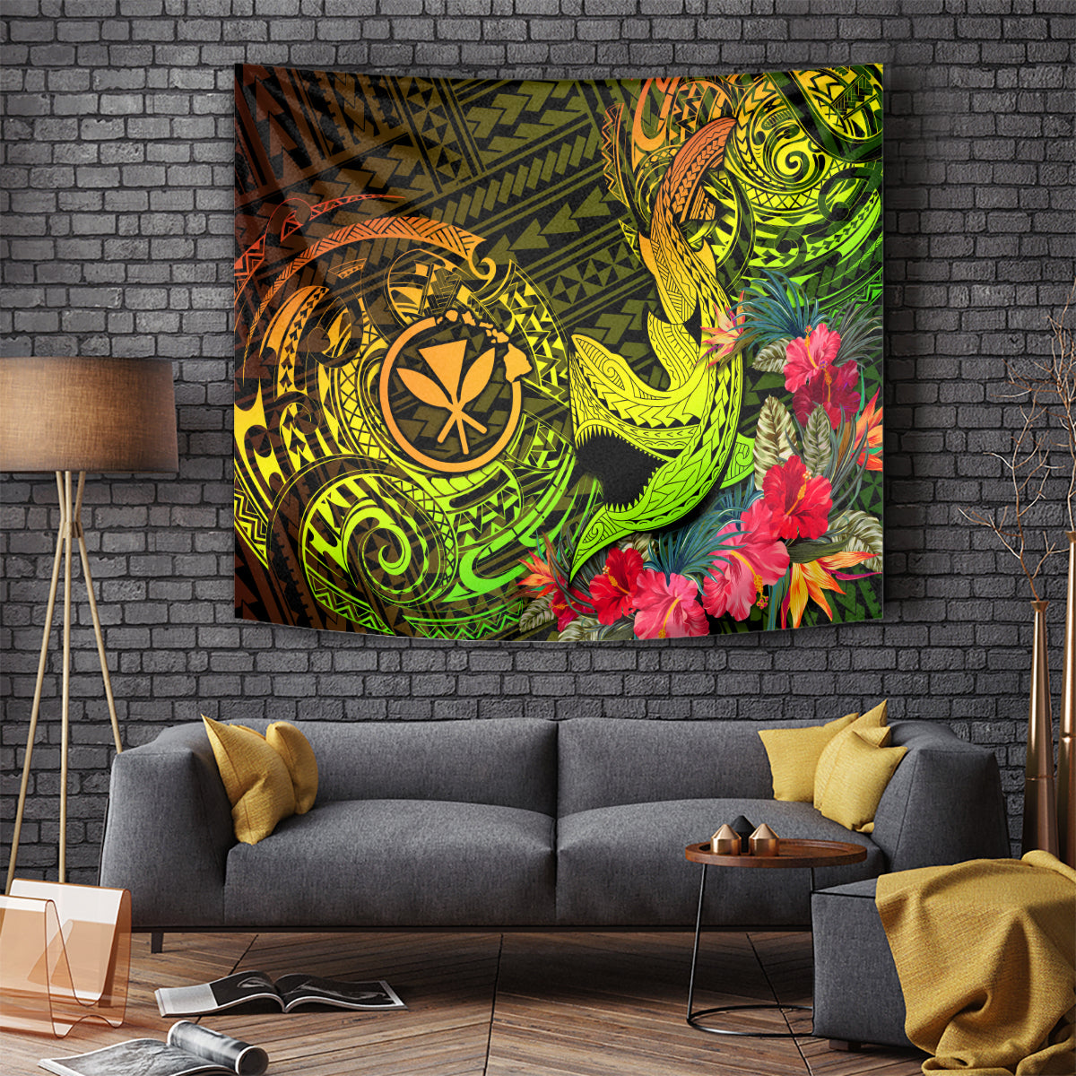 Hawaii Tapestry Kanaka Map With Polynesian Shark Tattoo Reggae Unique - Wonder Print Shop