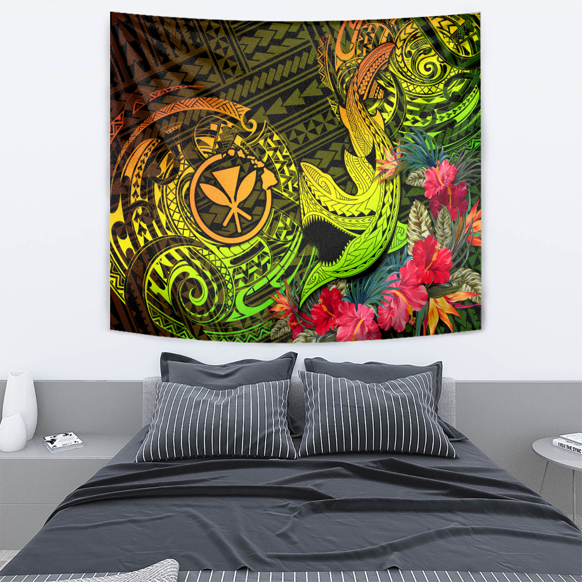 Hawaii Tapestry Kanaka Map With Polynesian Shark Tattoo Reggae Unique - Wonder Print Shop