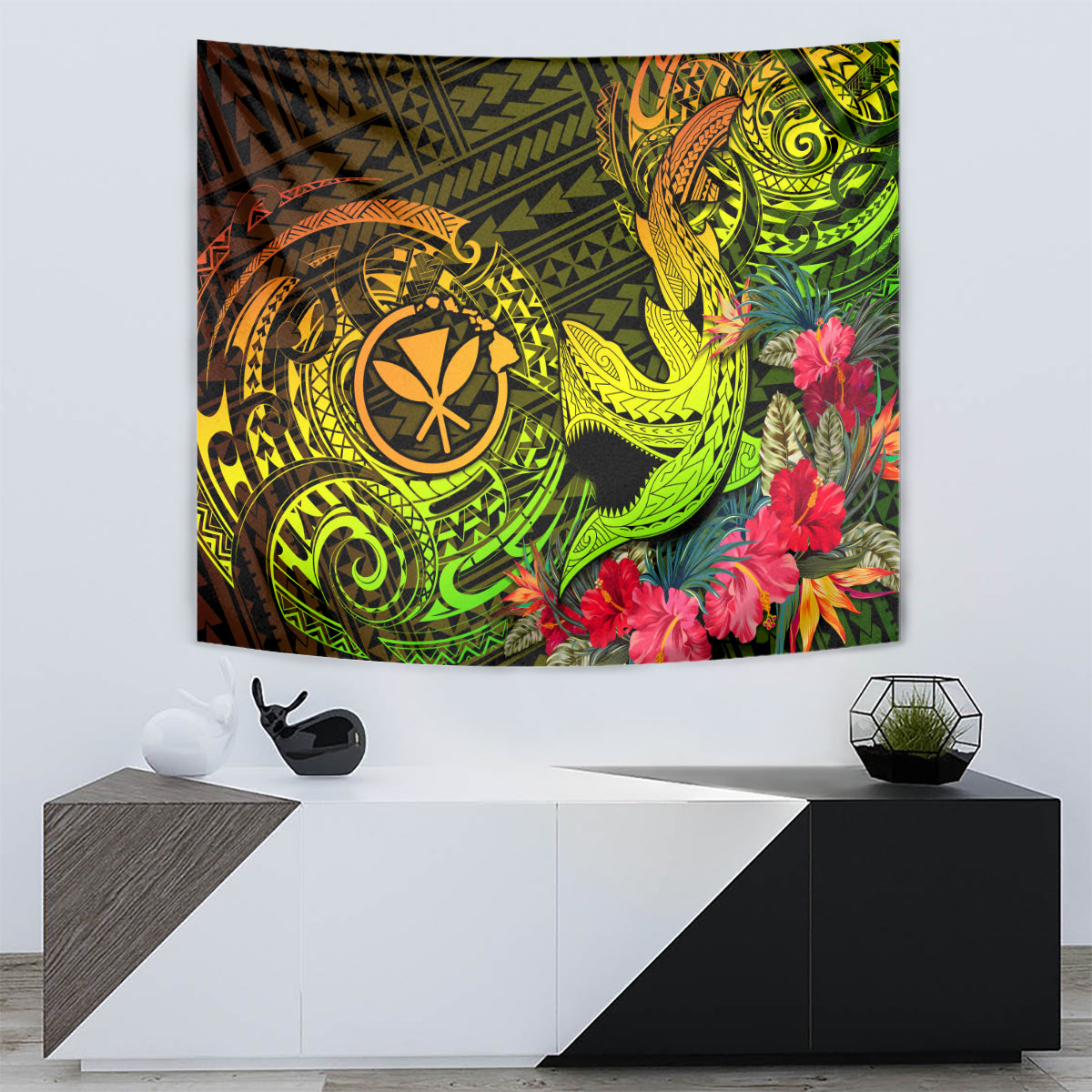 Hawaii Tapestry Kanaka Map With Polynesian Shark Tattoo Reggae Unique - Wonder Print Shop