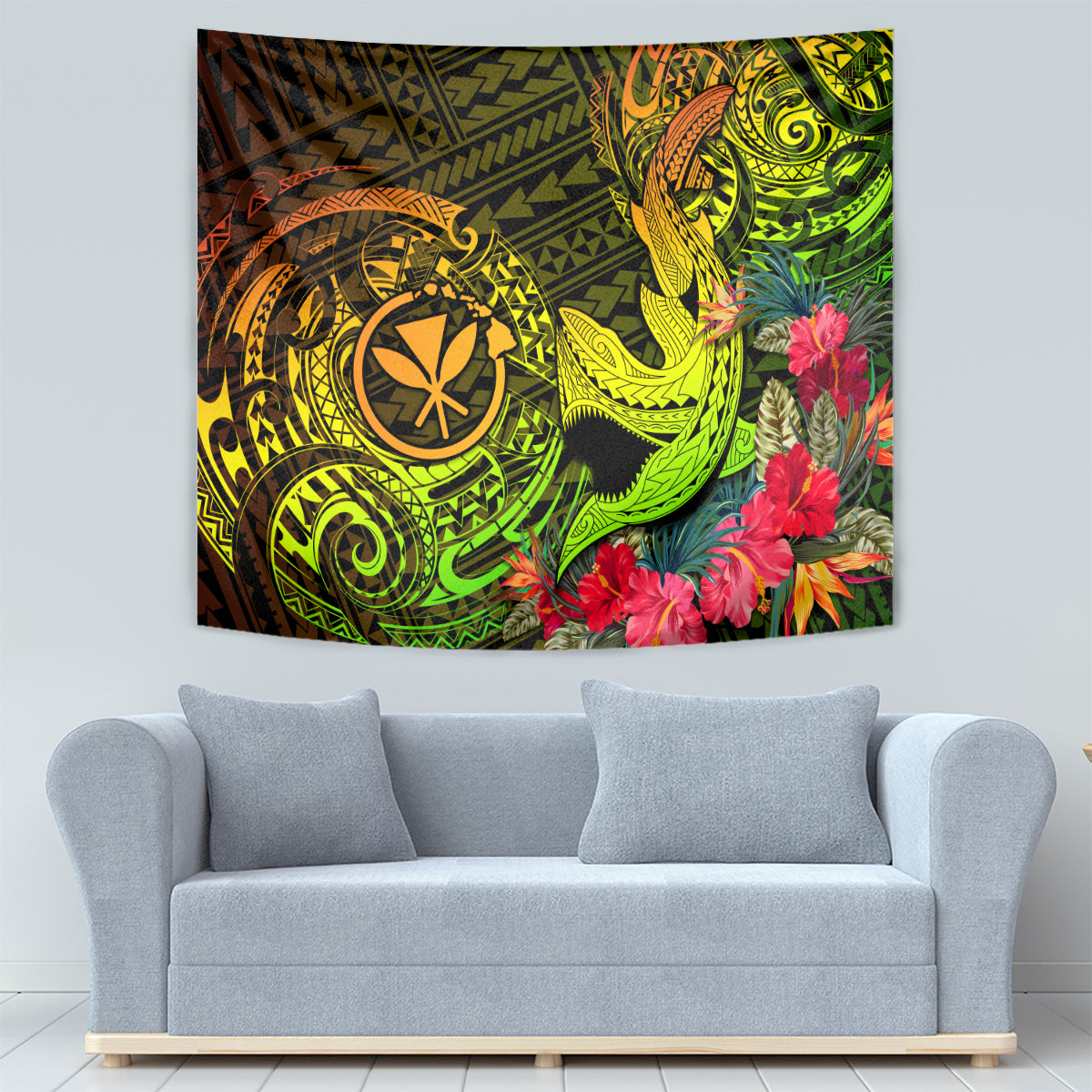 Hawaii Tapestry Kanaka Map With Polynesian Shark Tattoo Reggae Unique - Wonder Print Shop