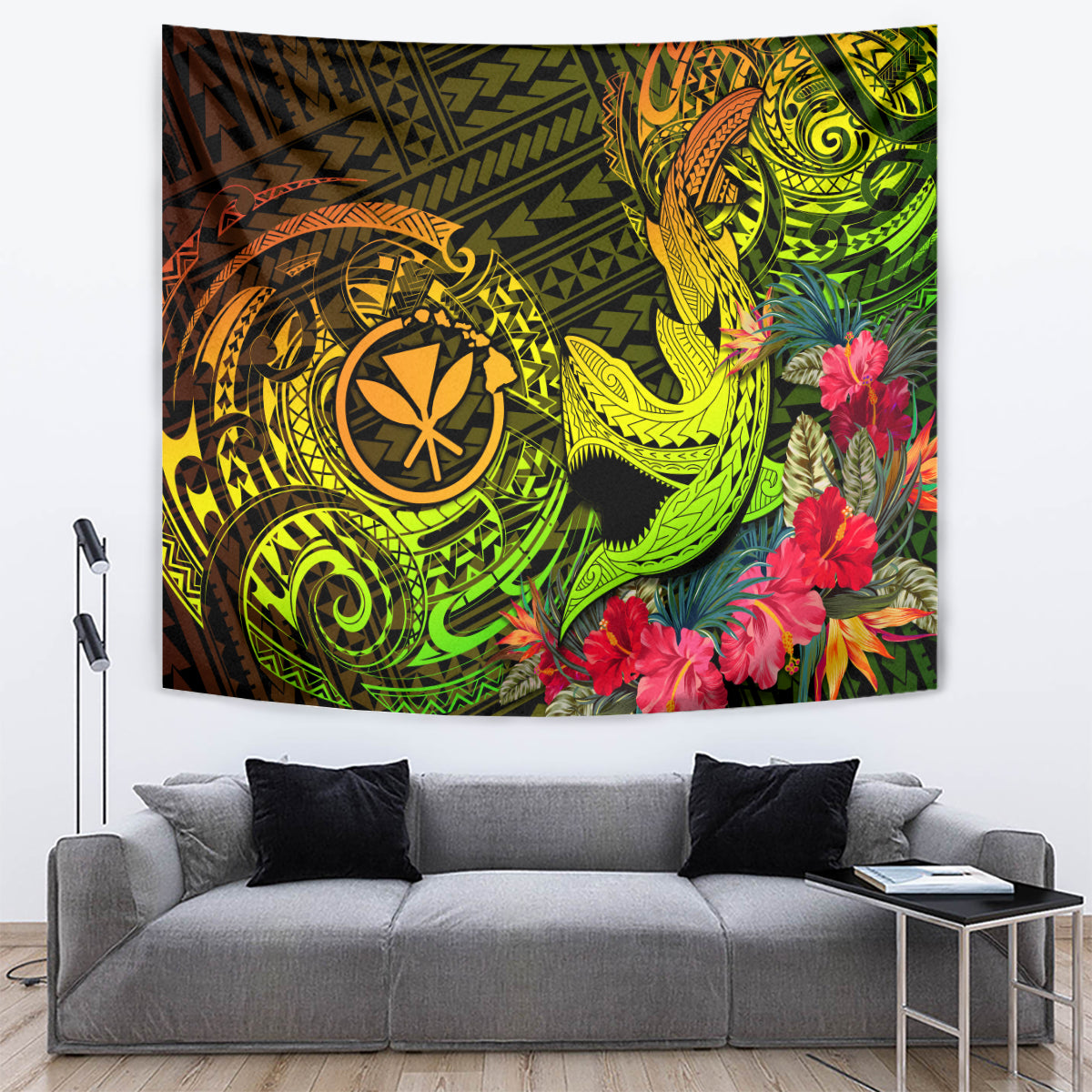 Hawaii Tapestry Kanaka Map With Polynesian Shark Tattoo Reggae Unique - Wonder Print Shop