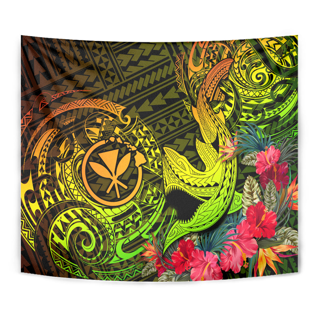 Hawaii Tapestry Kanaka Map With Polynesian Shark Tattoo Reggae Unique - Wonder Print Shop
